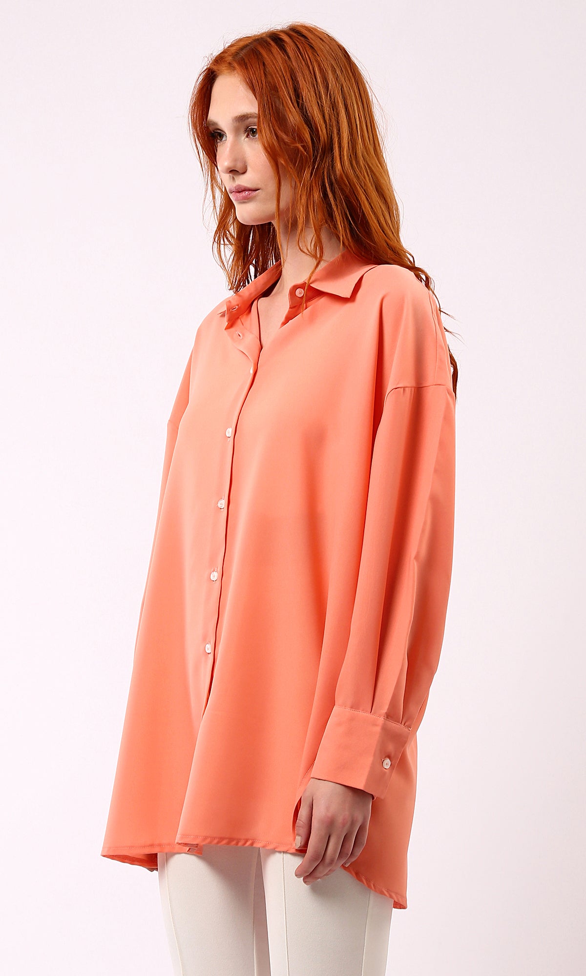 O188303 Salmon Solid Long Shirt With Full Buttons