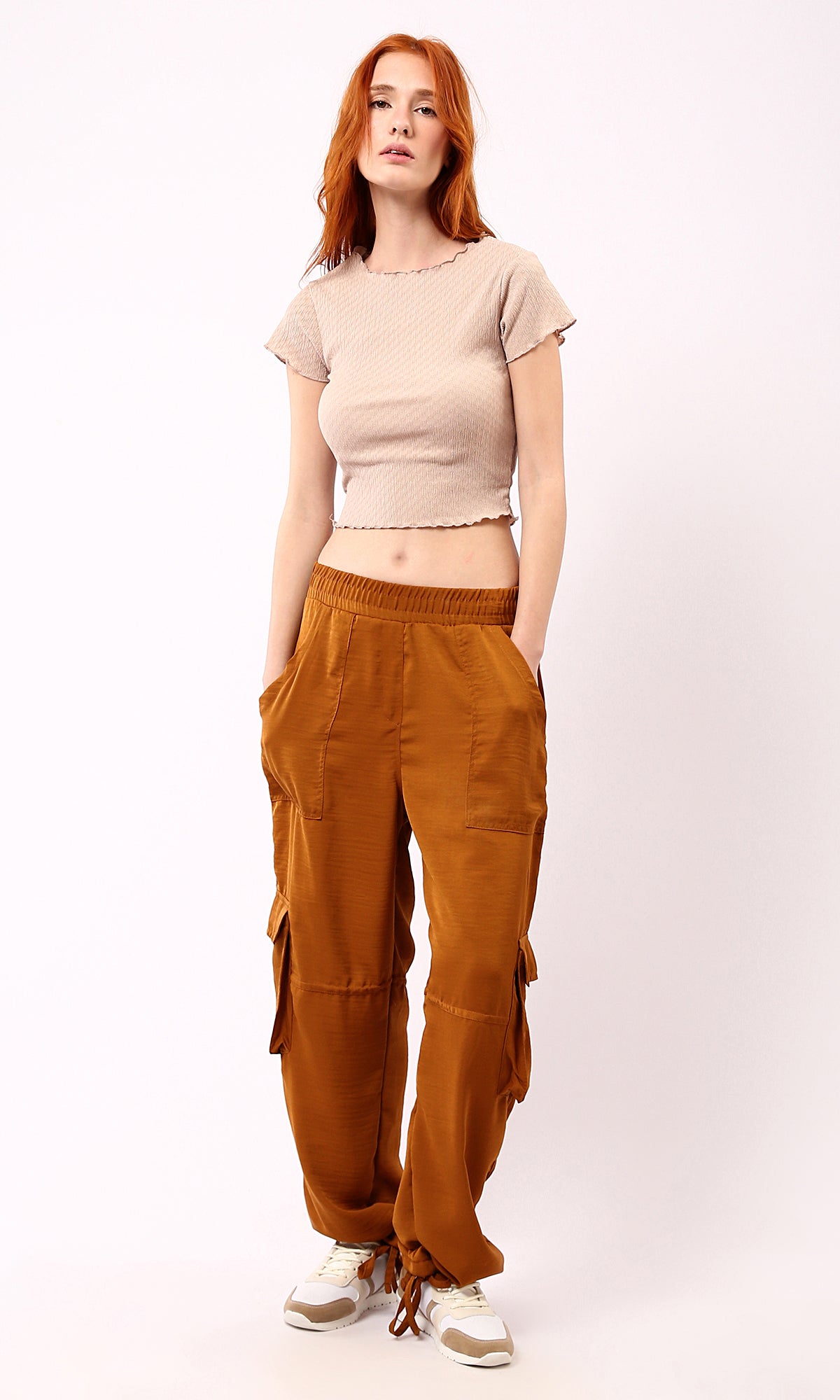 O188382 Dark Beige Casual Textured Cropped Top 