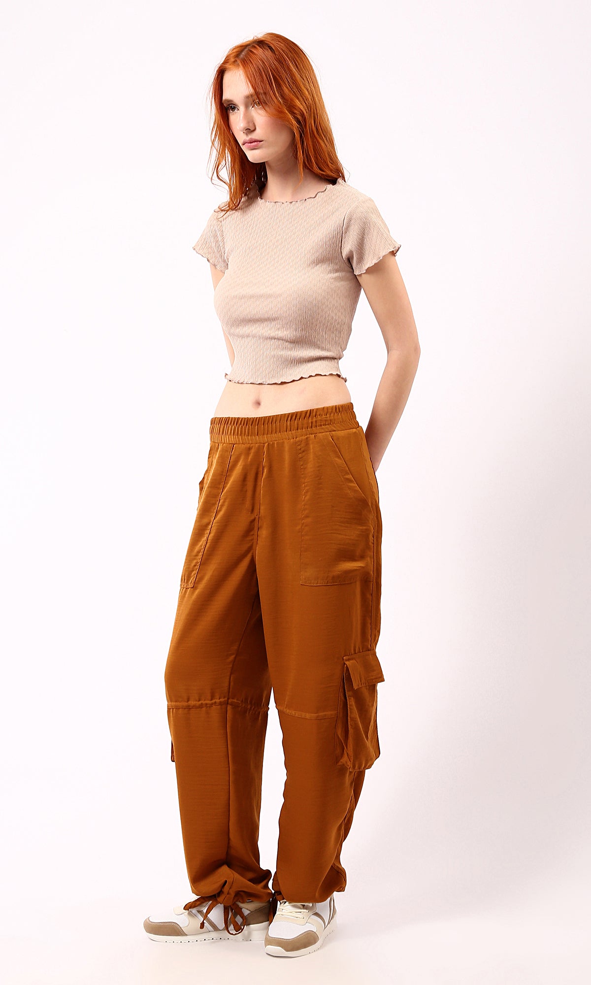 O188382 Dark Beige Casual Textured Cropped Top 
