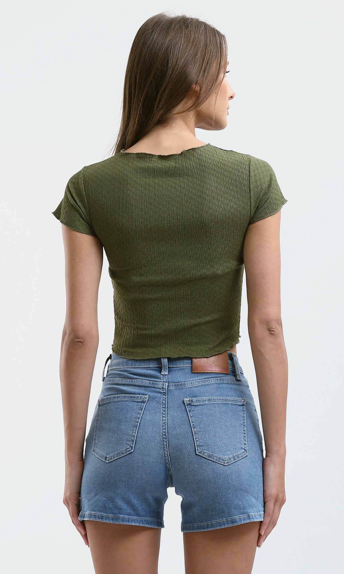 O188385 Olive Cropped Top With Lettuce Edge