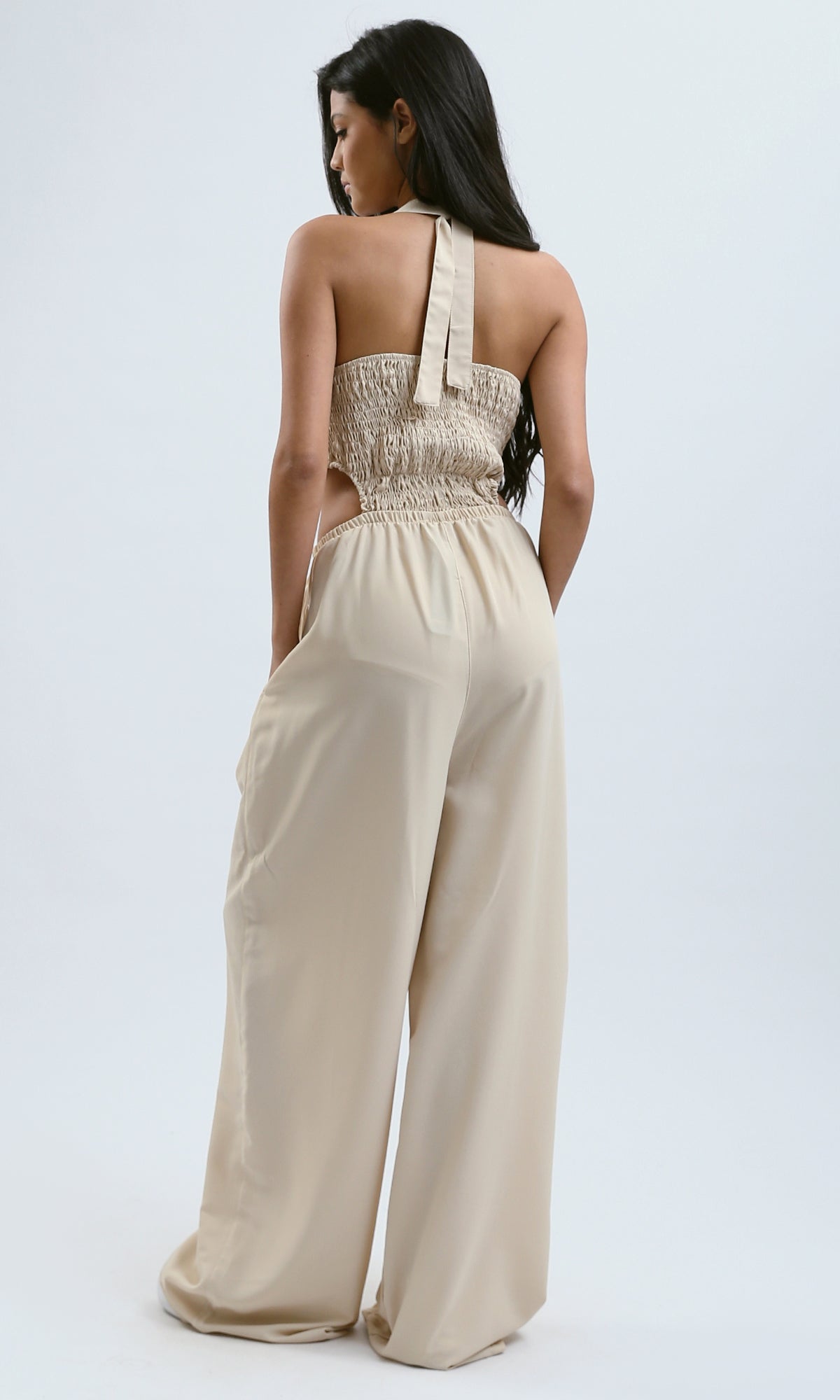 O188398 Beige Lace Up Feminine Summer Jumpsuit