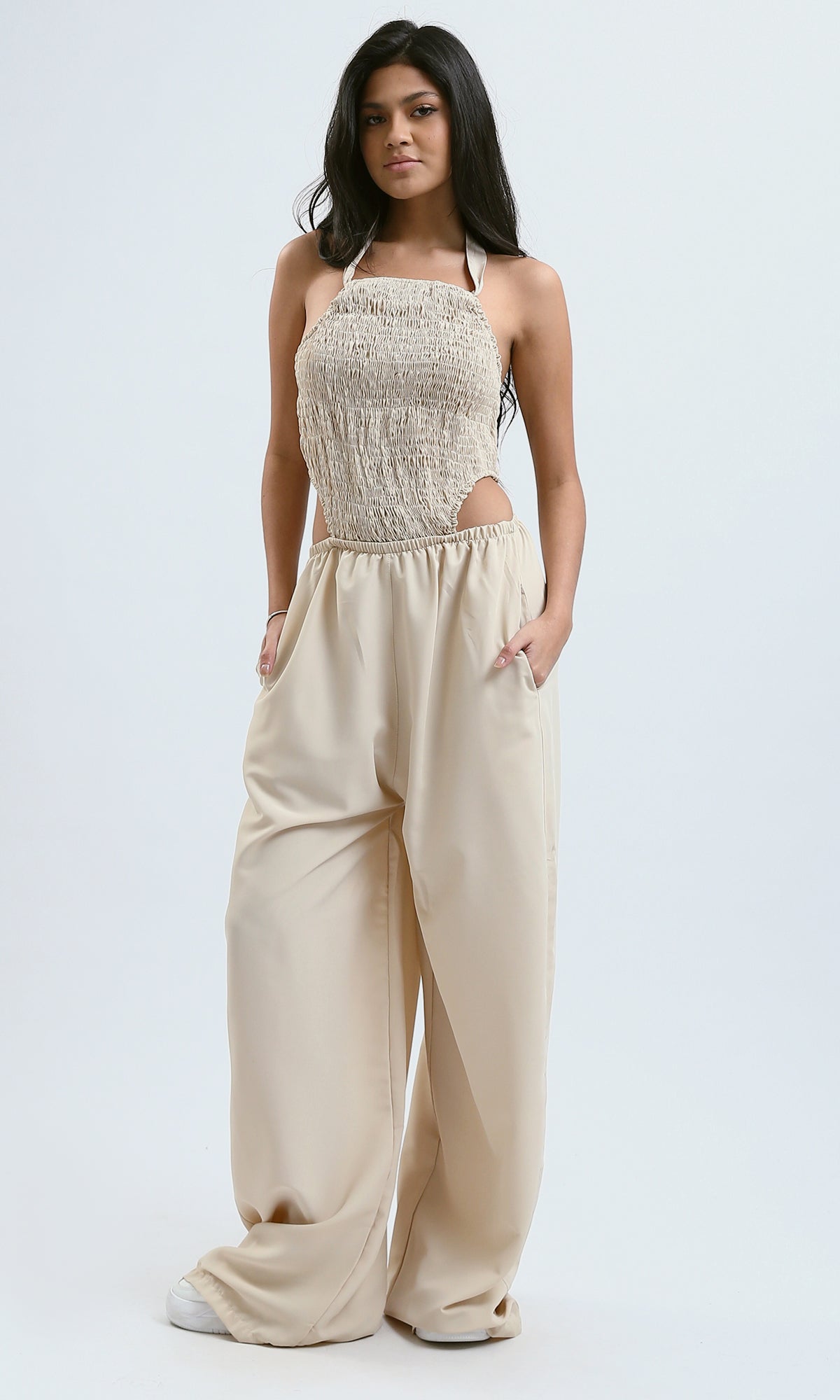 O188398 Beige Lace Up Feminine Summer Jumpsuit