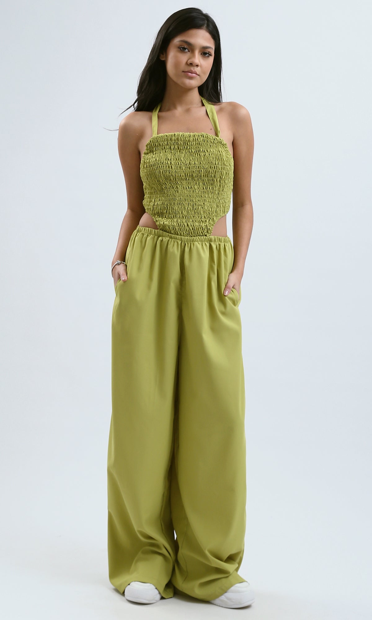 O188399 Sleeveless Lace-Up Lime Jumpsuit With Side Cuts