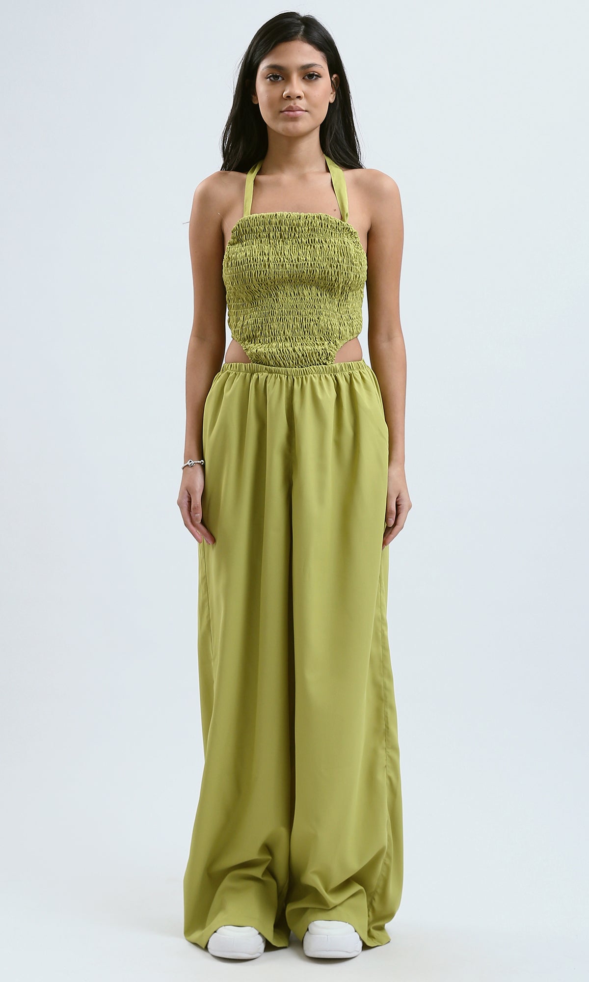 O188399 Sleeveless Lace-Up Lime Jumpsuit With Side Cuts