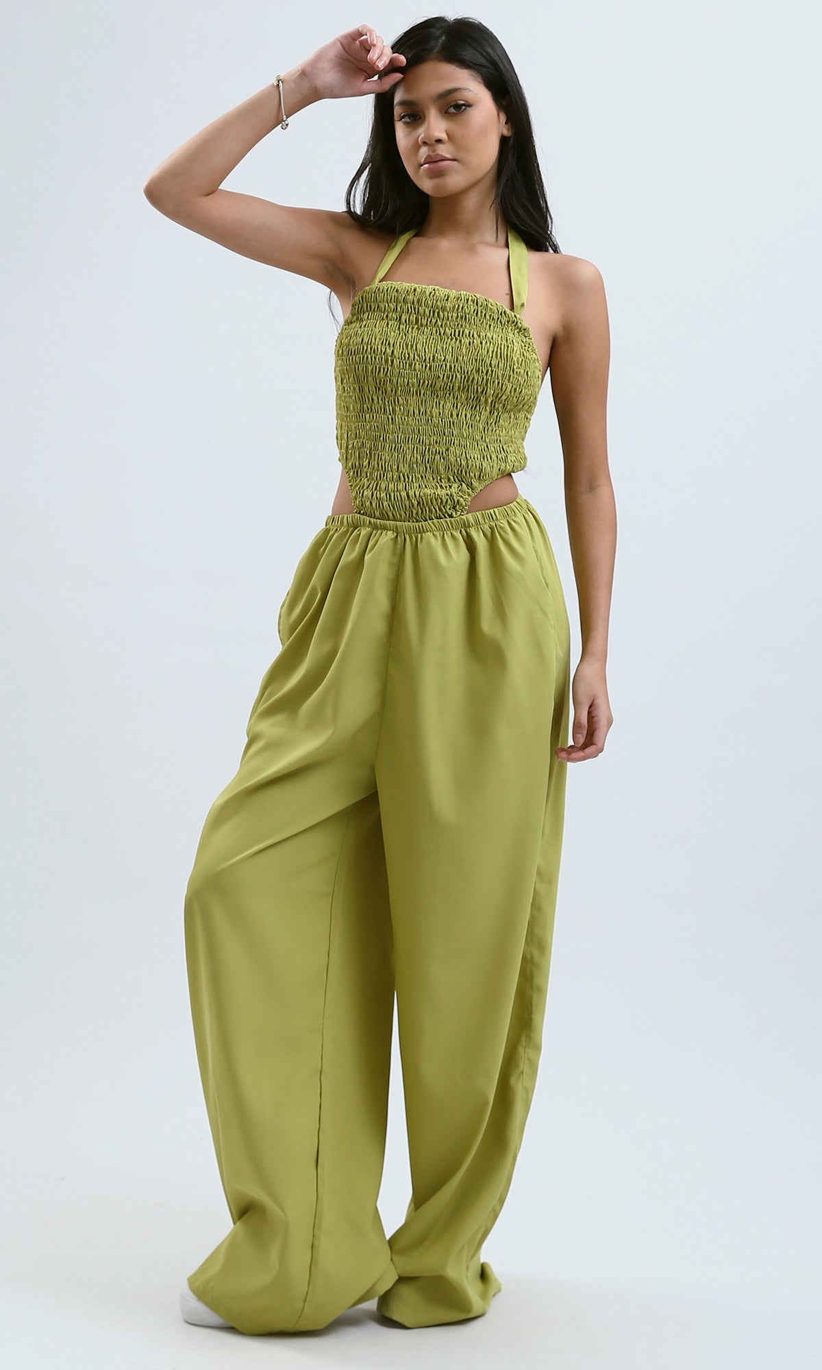 O188399 Sleeveless Lace-Up Lime Jumpsuit With Side Cuts