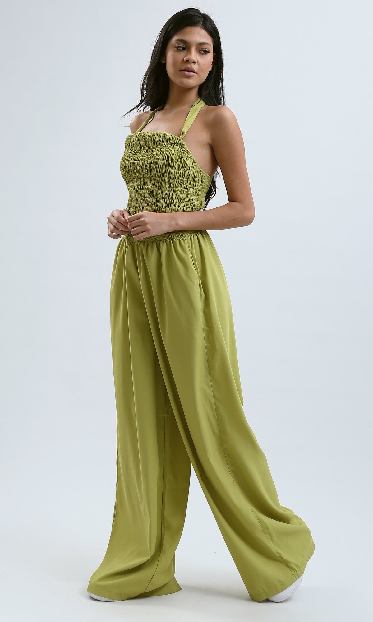 O188399 Sleeveless Lace-Up Lime Jumpsuit With Side Cuts