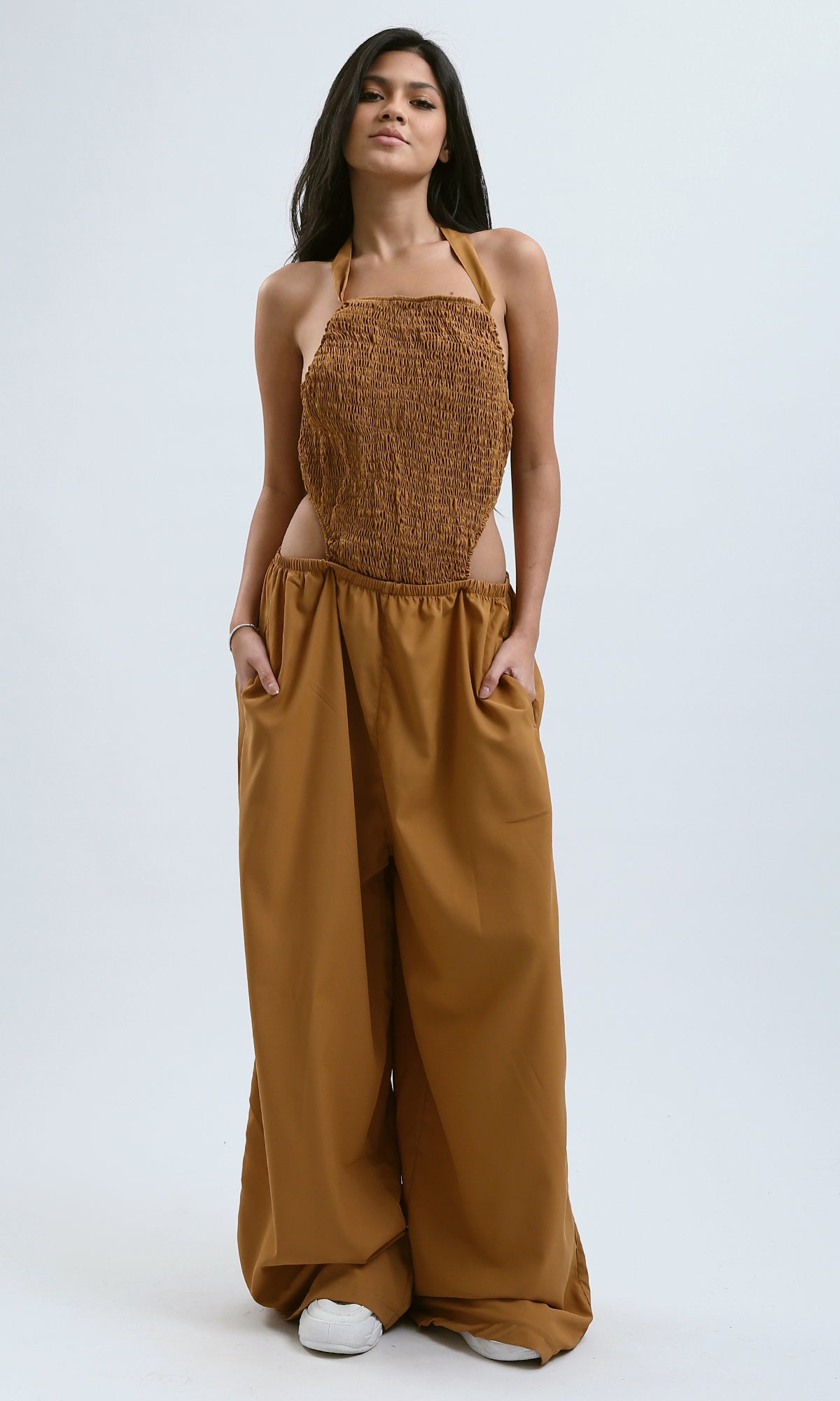 O188400 Wide Leg Summer Jumpsuit With Side Pockets - Dark Camel