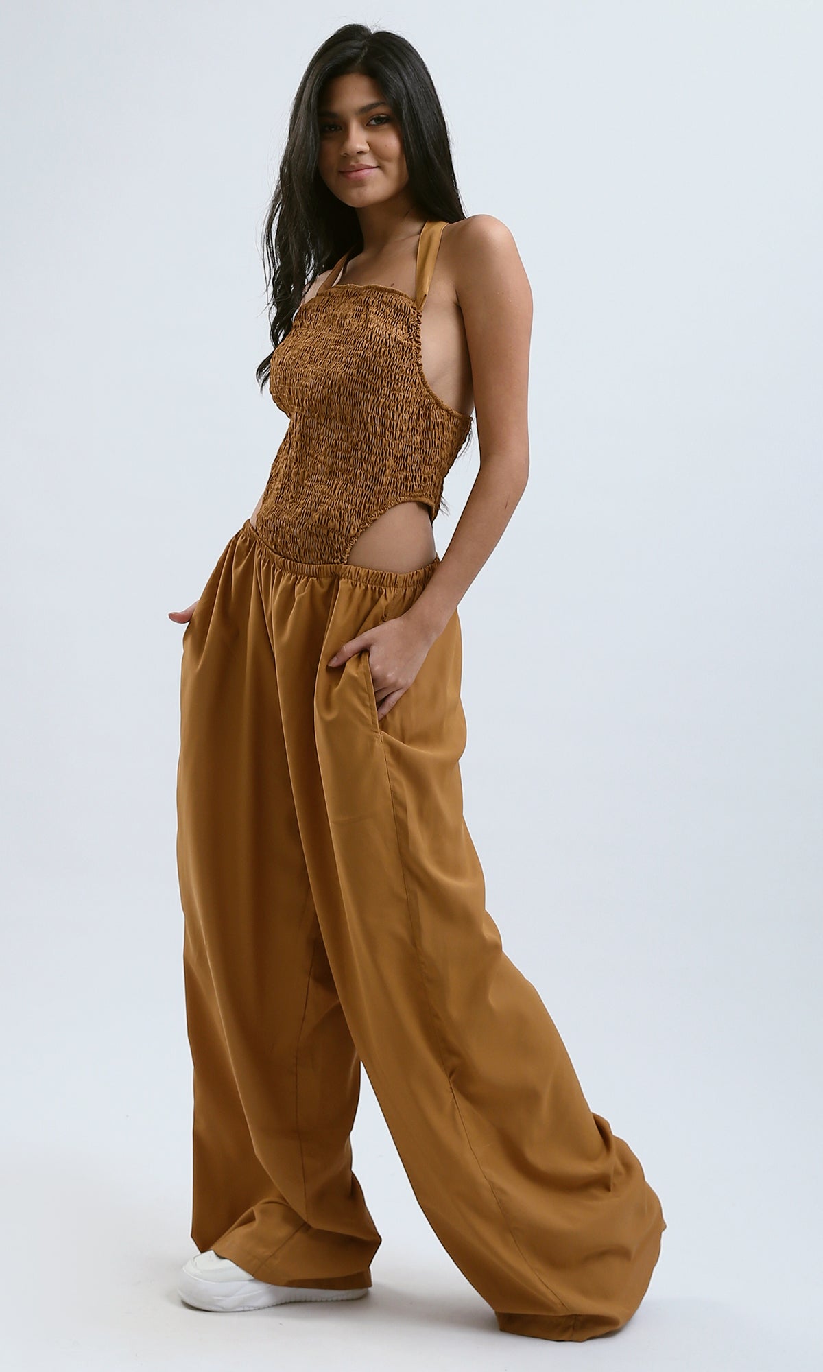 O188400 Wide Leg Summer Jumpsuit With Side Pockets - Dark Camel