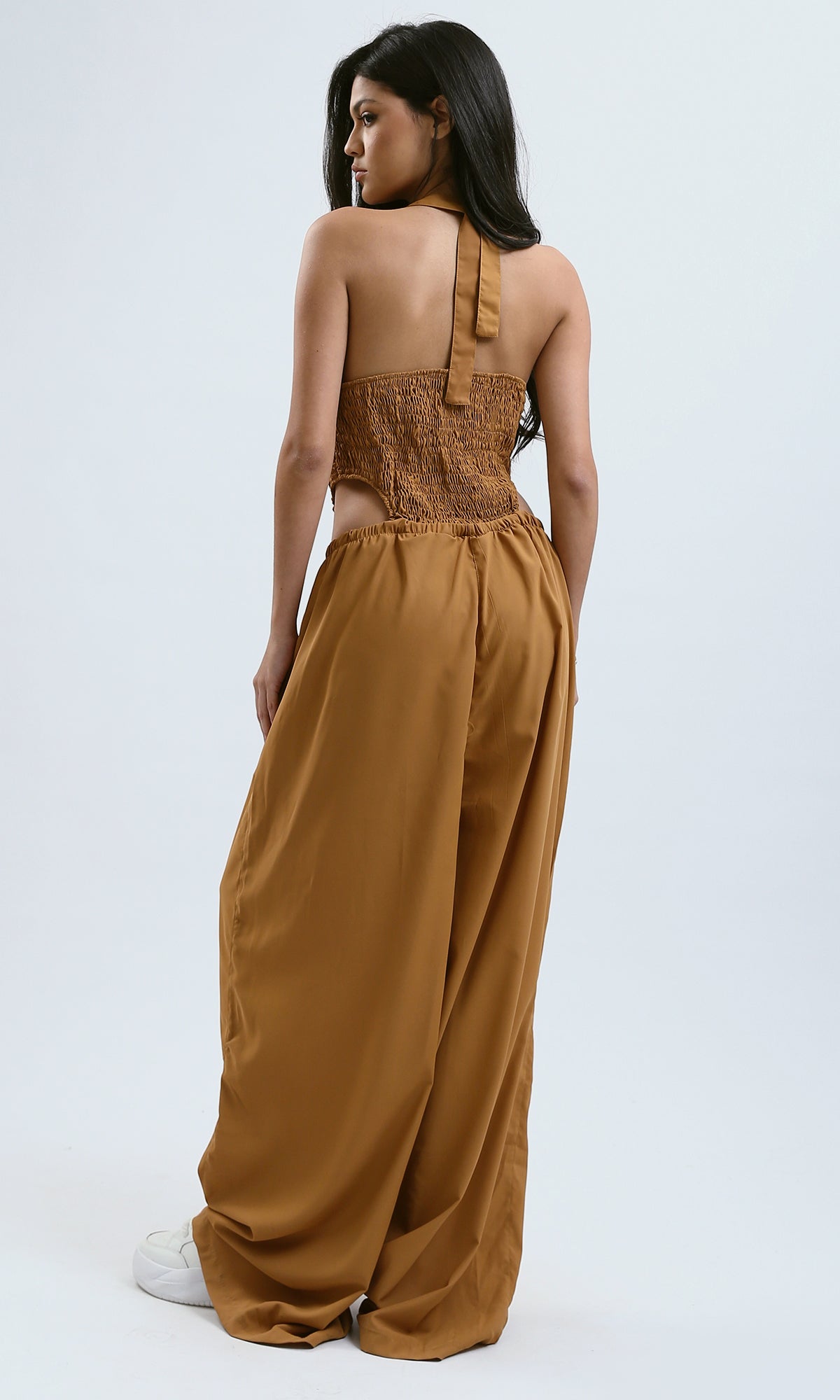 O188400 Wide Leg Summer Jumpsuit With Side Pockets - Dark Camel