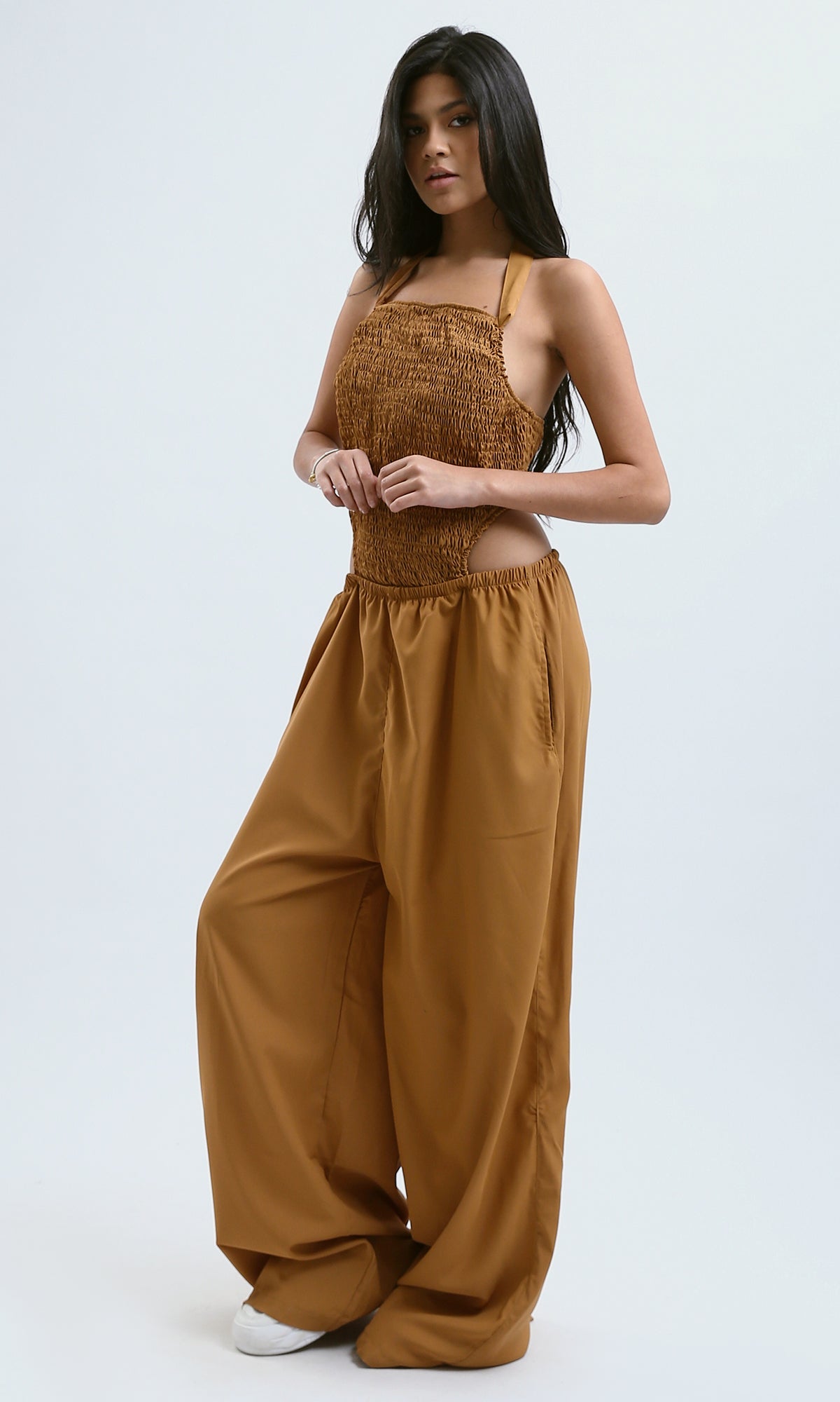 O188400 Wide Leg Summer Jumpsuit With Side Pockets - Dark Camel