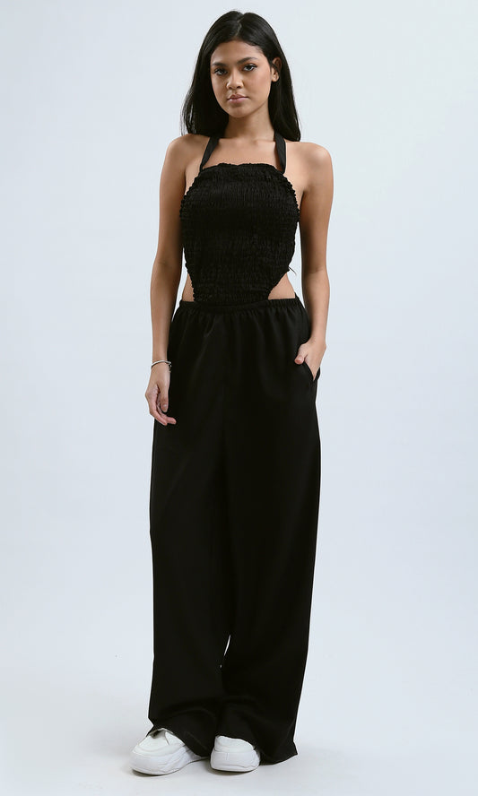 O188401 Lace-Up Summer Black Elastic Jumpsuit