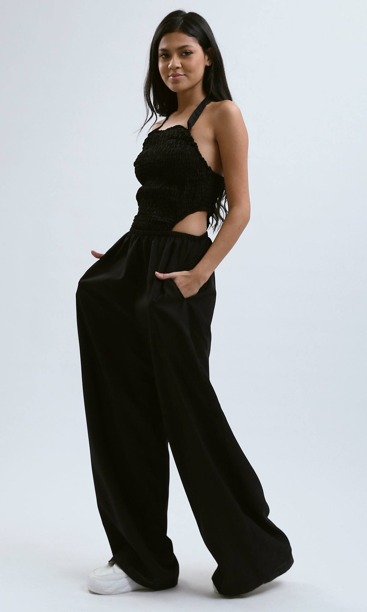 O188401 Lace-Up Summer Black Elastic Jumpsuit