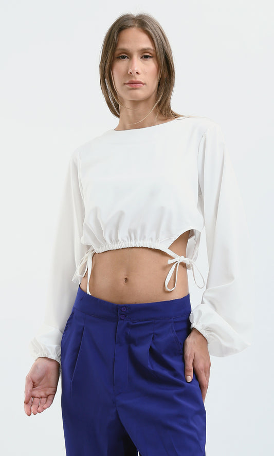O188403 Slip On Cropped Blouse With Sides Cuts - Off-White