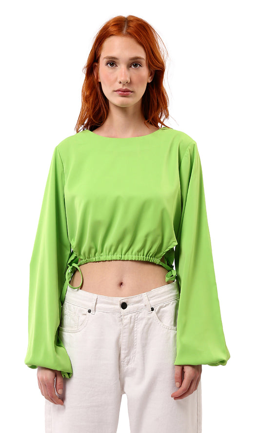 O188404 Slip On Casual Blouse With Drawstring Hem - Neon Green