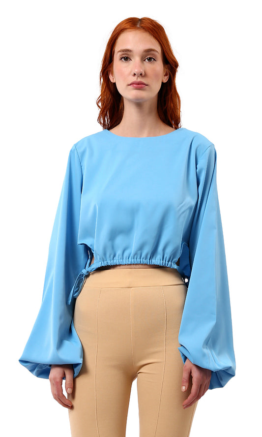 O188405 Solid Sky Blue Short Blouse With Boat Neck