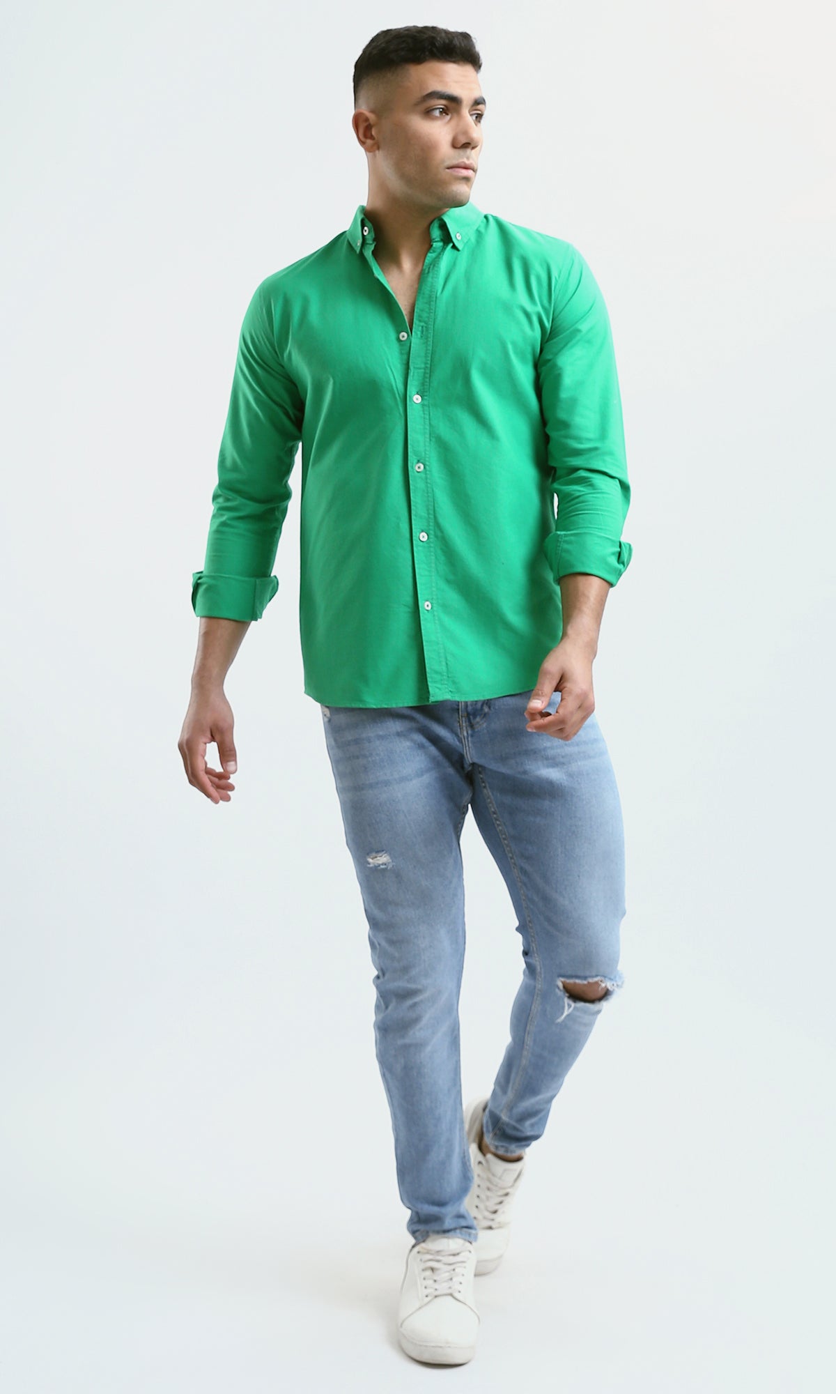 O188528 Buttoned Medium Sea Green Long Sleeves Shirt