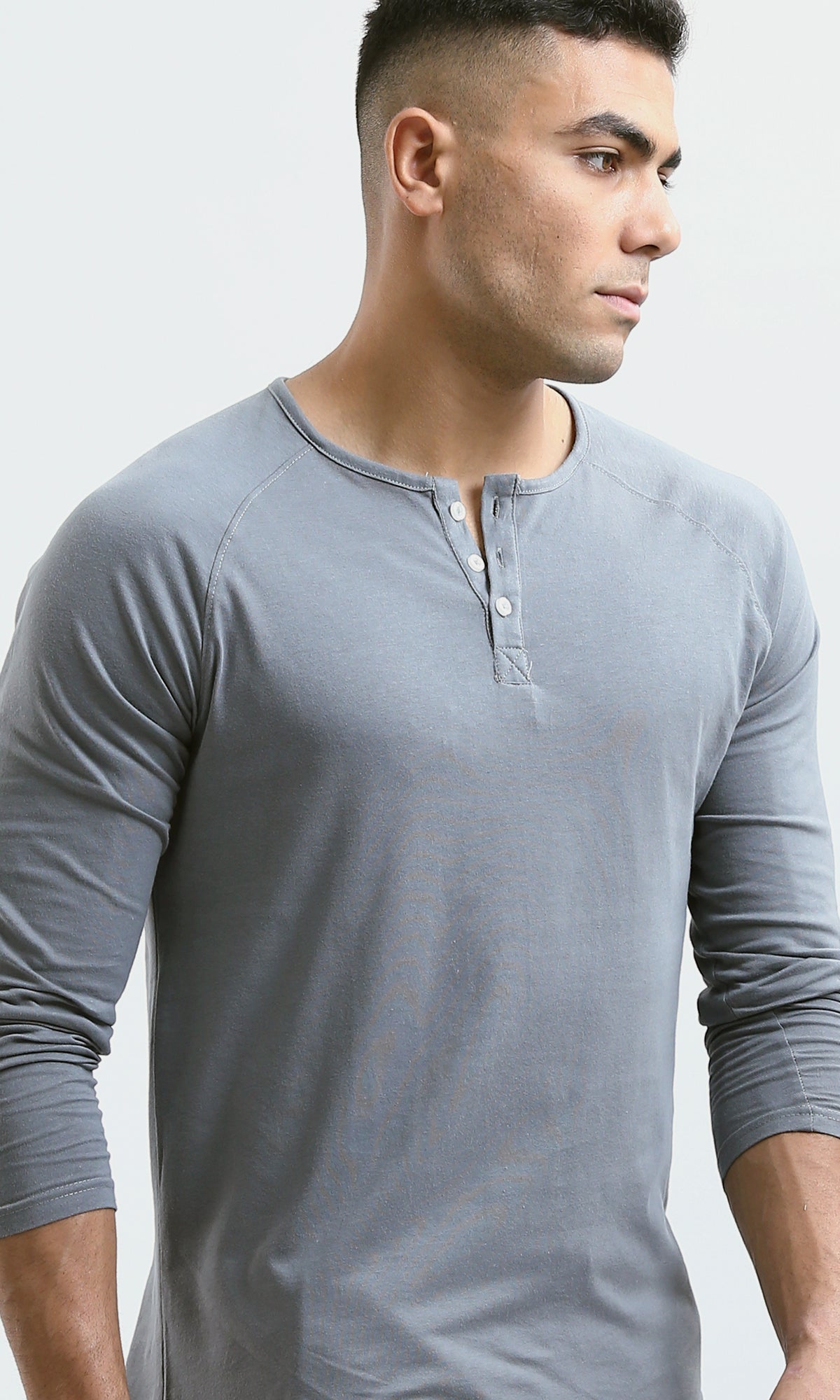 O188539 Long Sleeves Buttoned Medium Grey Henley Shirt