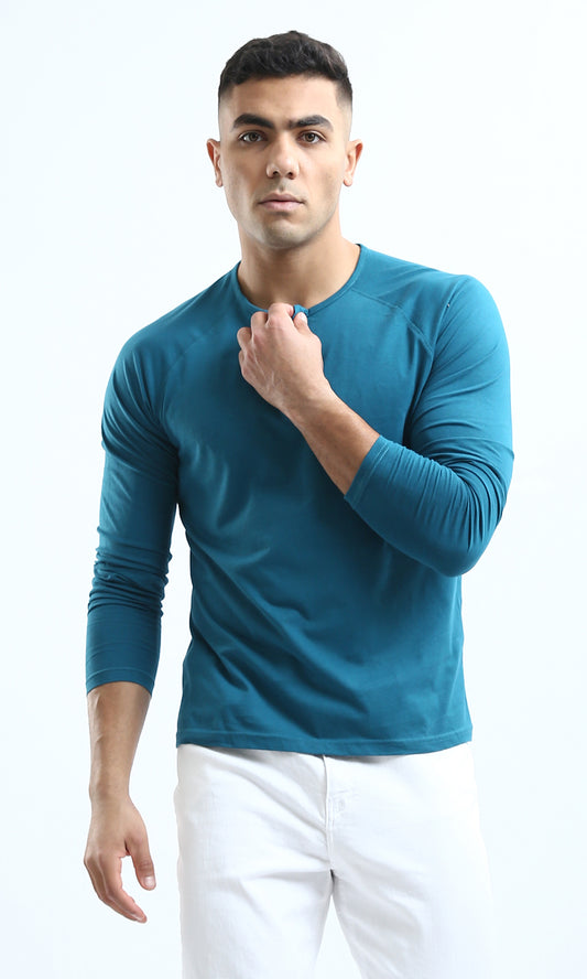 O188540 Petroleum Solid Henley Shirt With Buttoned Neck