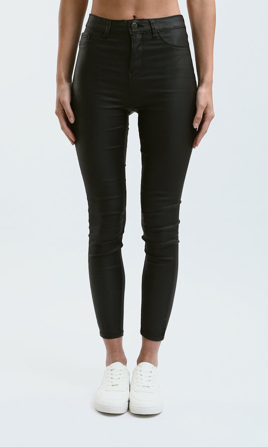 O188579 Black Leather Jeans With Belt Loops