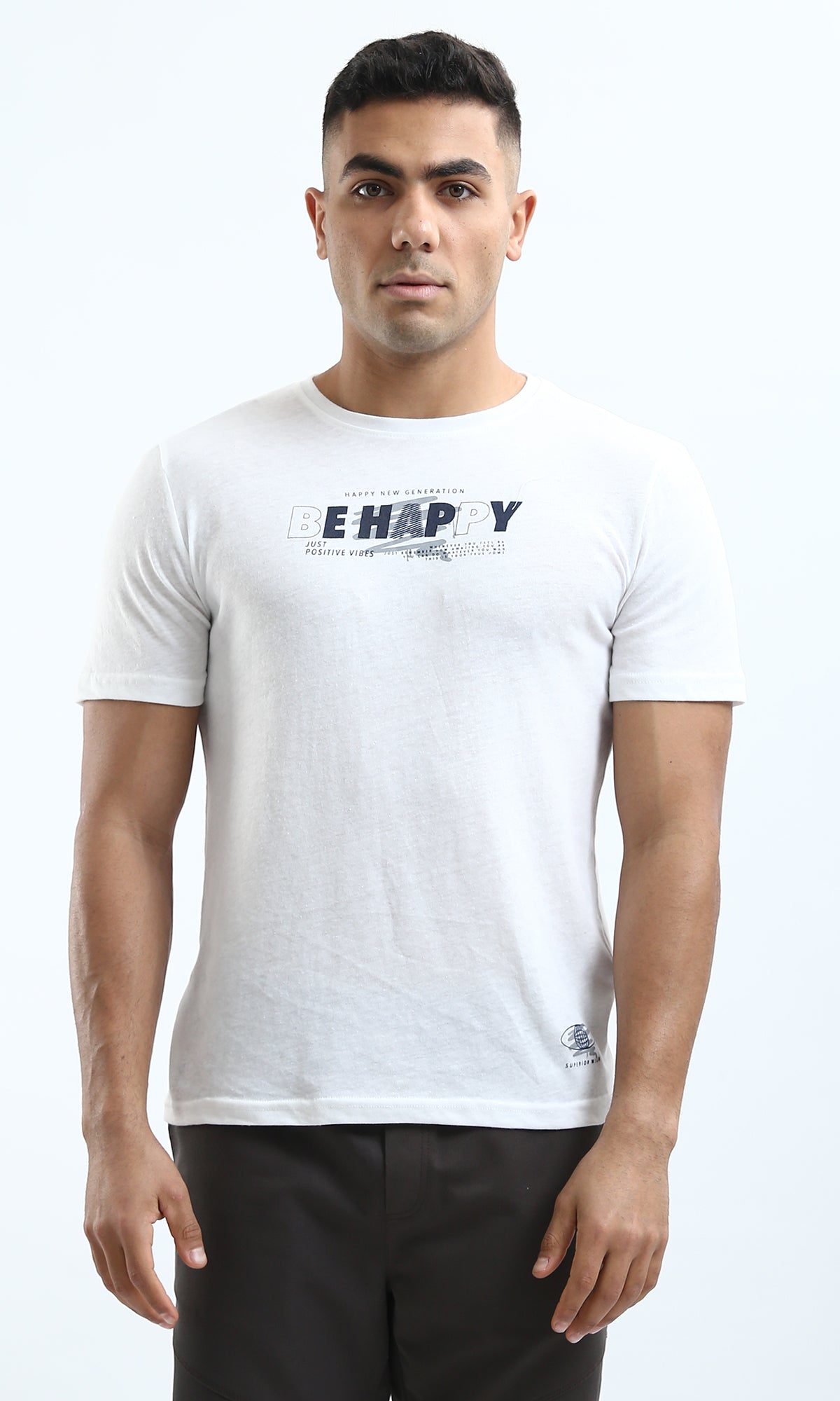O188713 White Crew Neck Tee With Front Print "Be Happy"