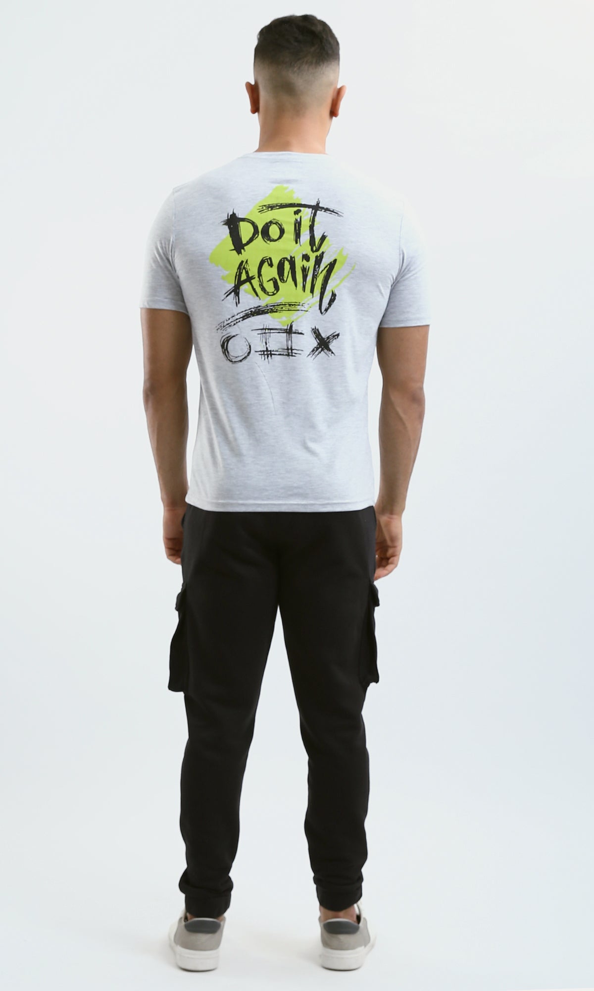 O188722 Front & Back Print Heather Light Grey Short Sleeves Tee