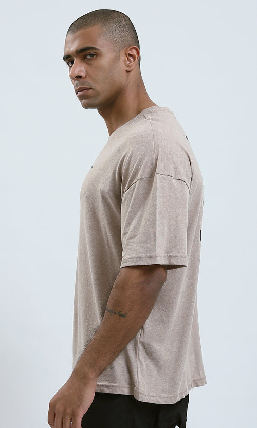 O188737 - Elbow-Sleeves Printed "Artist" Pastel Beige Tee