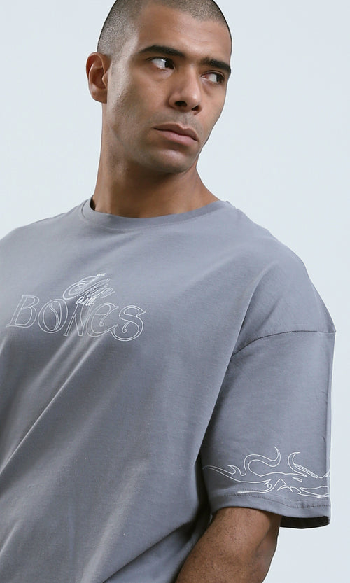 O188744 - Grey Slip On Printed Tee with Round Neck