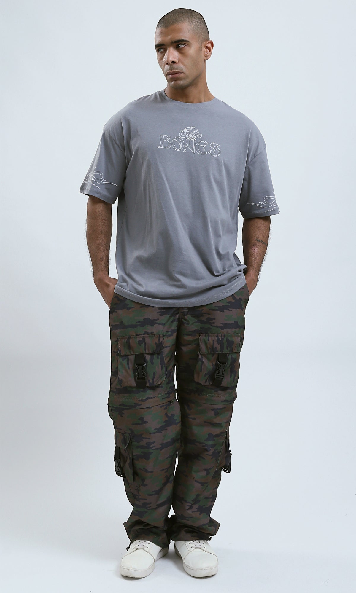 O188744 - Grey Slip On Printed Tee with Round Neck