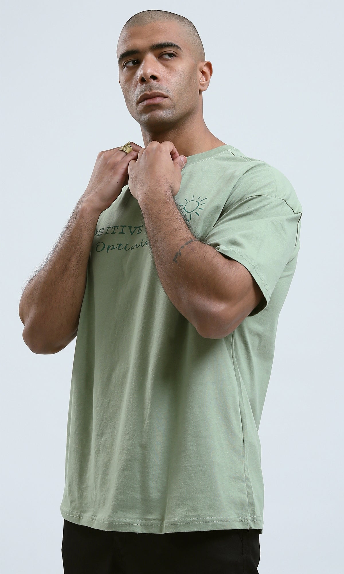 O188746 Olive Elbow-Sleeves Tee With Round Neck