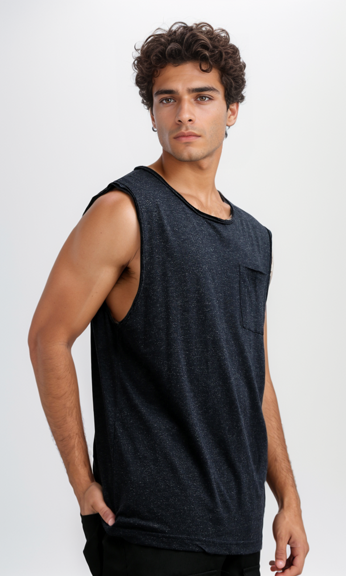 O188757 Heather Black Ribbed Tank Top With Sleeveless