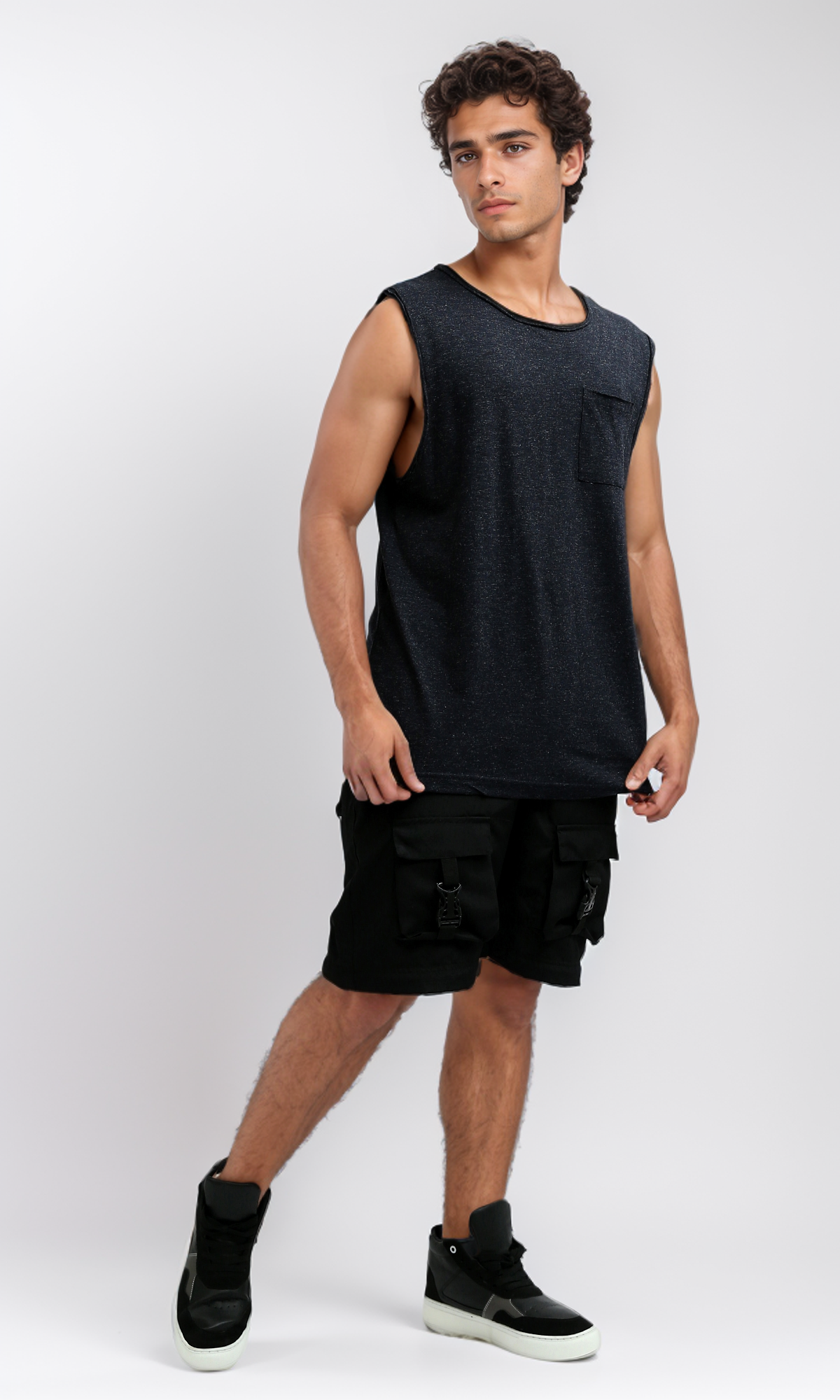 O188757 Heather Black Ribbed Tank Top With Sleeveless