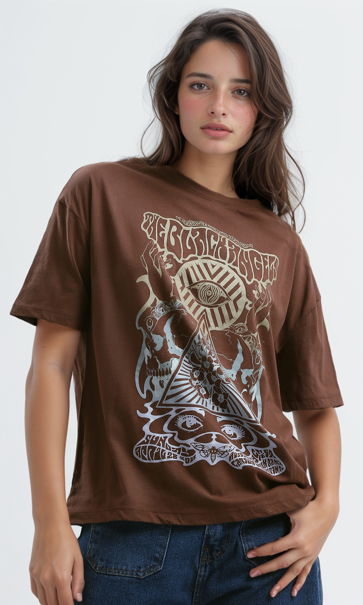 O189237 Brown Elbow-Sleeves Tee With Crew Neck