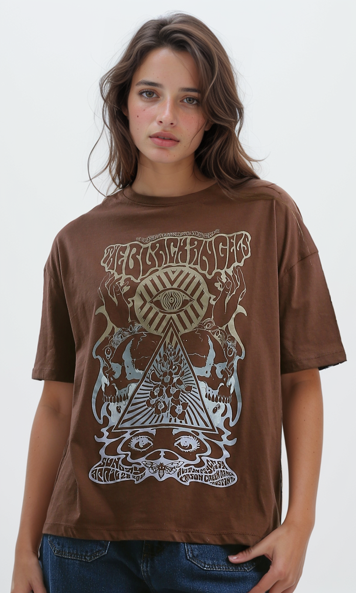 O189237 Brown Elbow-Sleeves Tee With Crew Neck