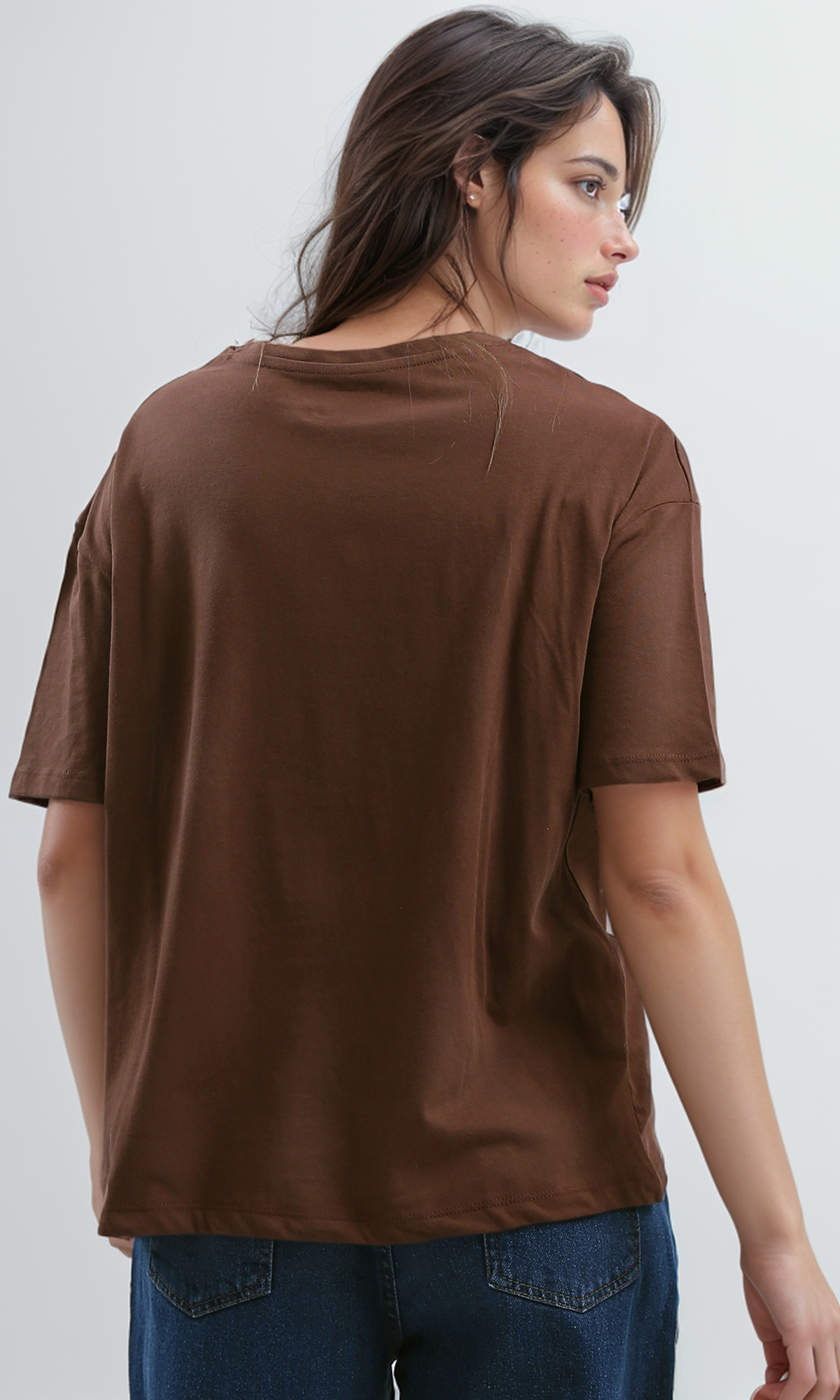 O189237 Brown Elbow-Sleeves Tee With Crew Neck