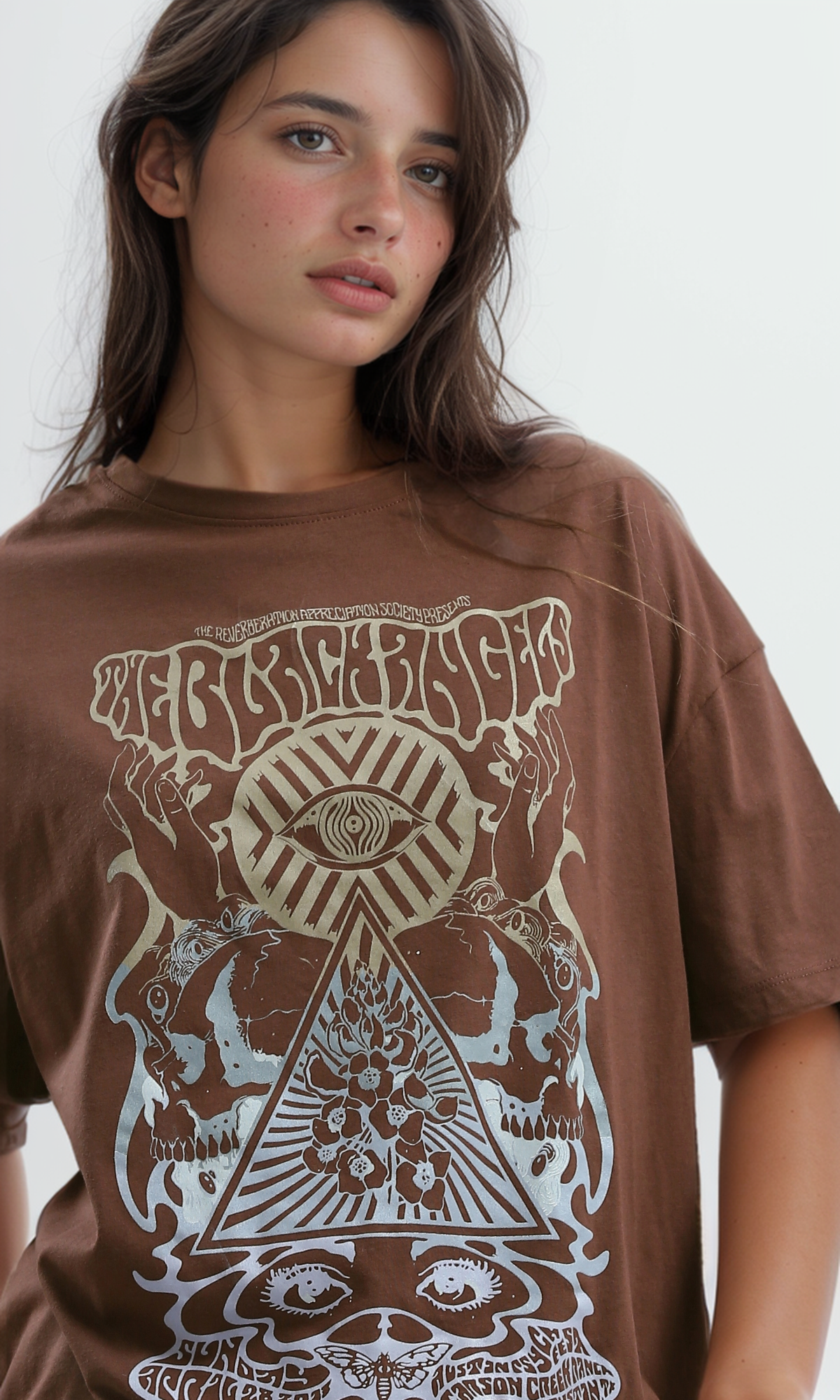 O189237 Brown Elbow-Sleeves Tee With Crew Neck