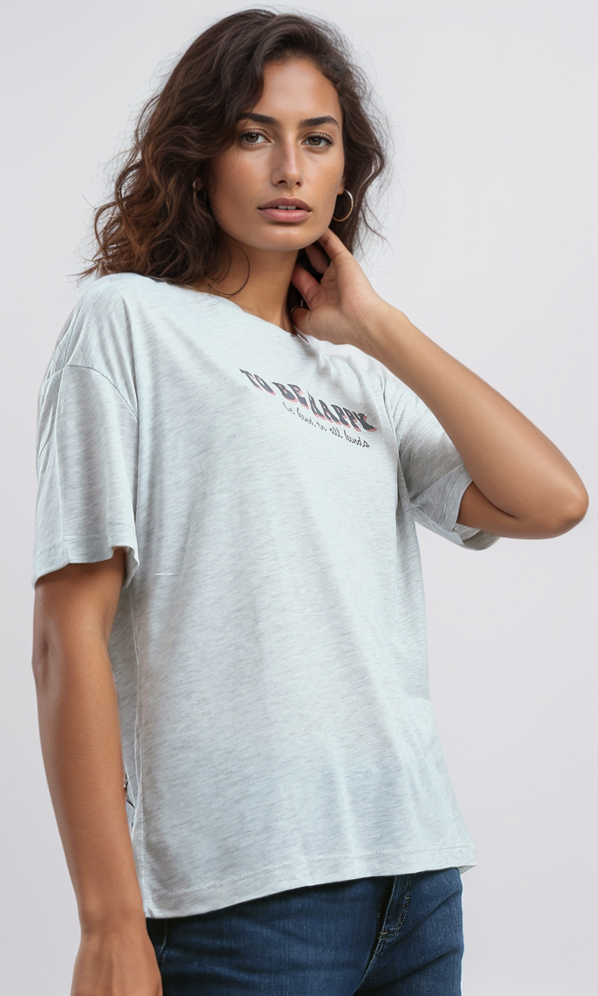 O189240 Heather Light Grey Printed Summer Elbow-Sleeves Tee