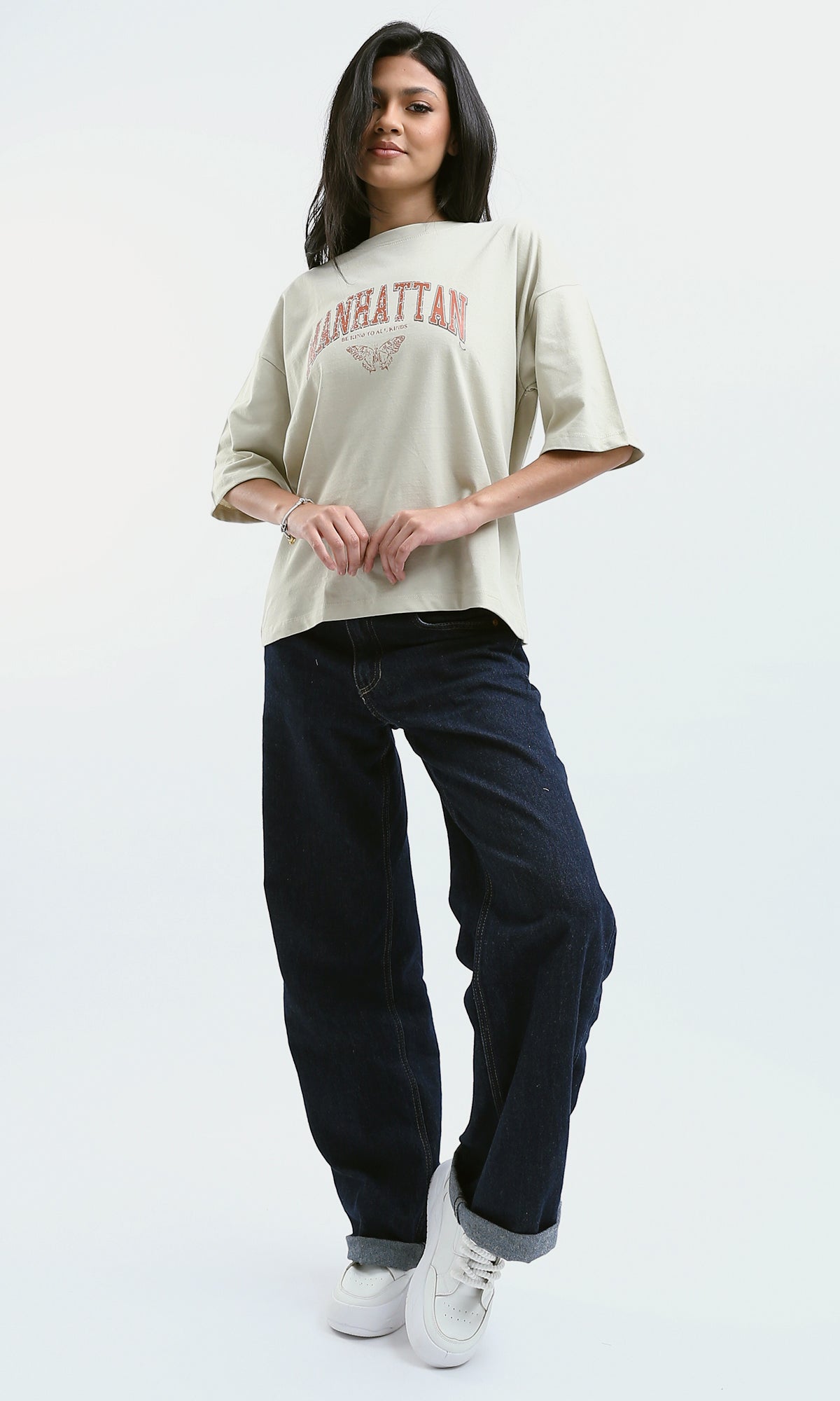 O189245 Elbow-Sleeves Printed "Manhattan" Pastel Beige Tee