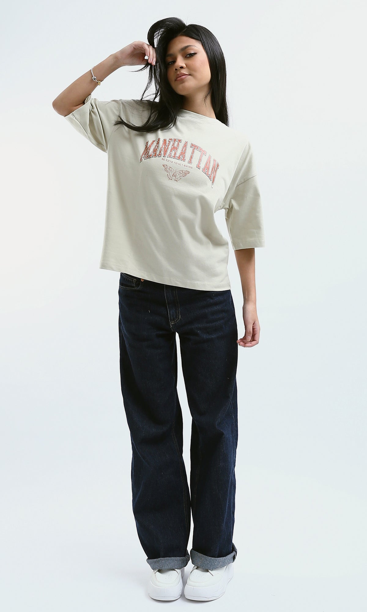 O189245 Elbow-Sleeves Printed "Manhattan" Pastel Beige Tee