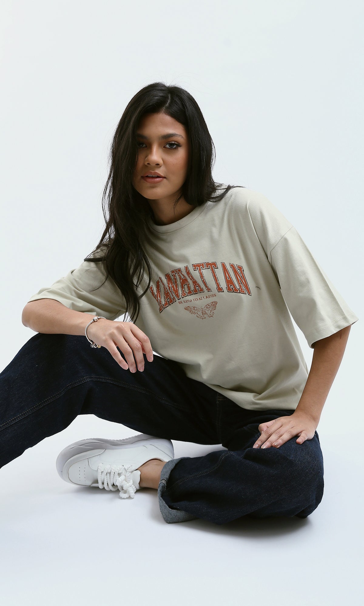 O189245 Elbow-Sleeves Printed "Manhattan" Pastel Beige Tee