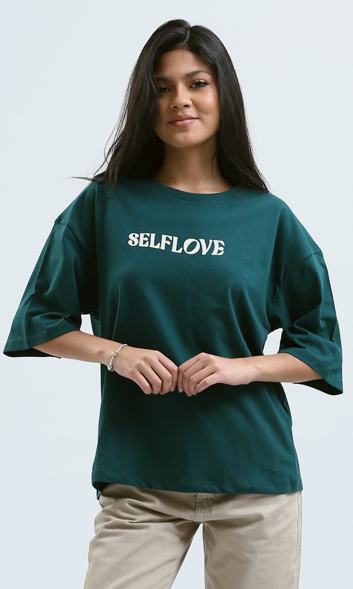 O189246 Relaxed Fit Printed "Self Love" Forest Green Tee