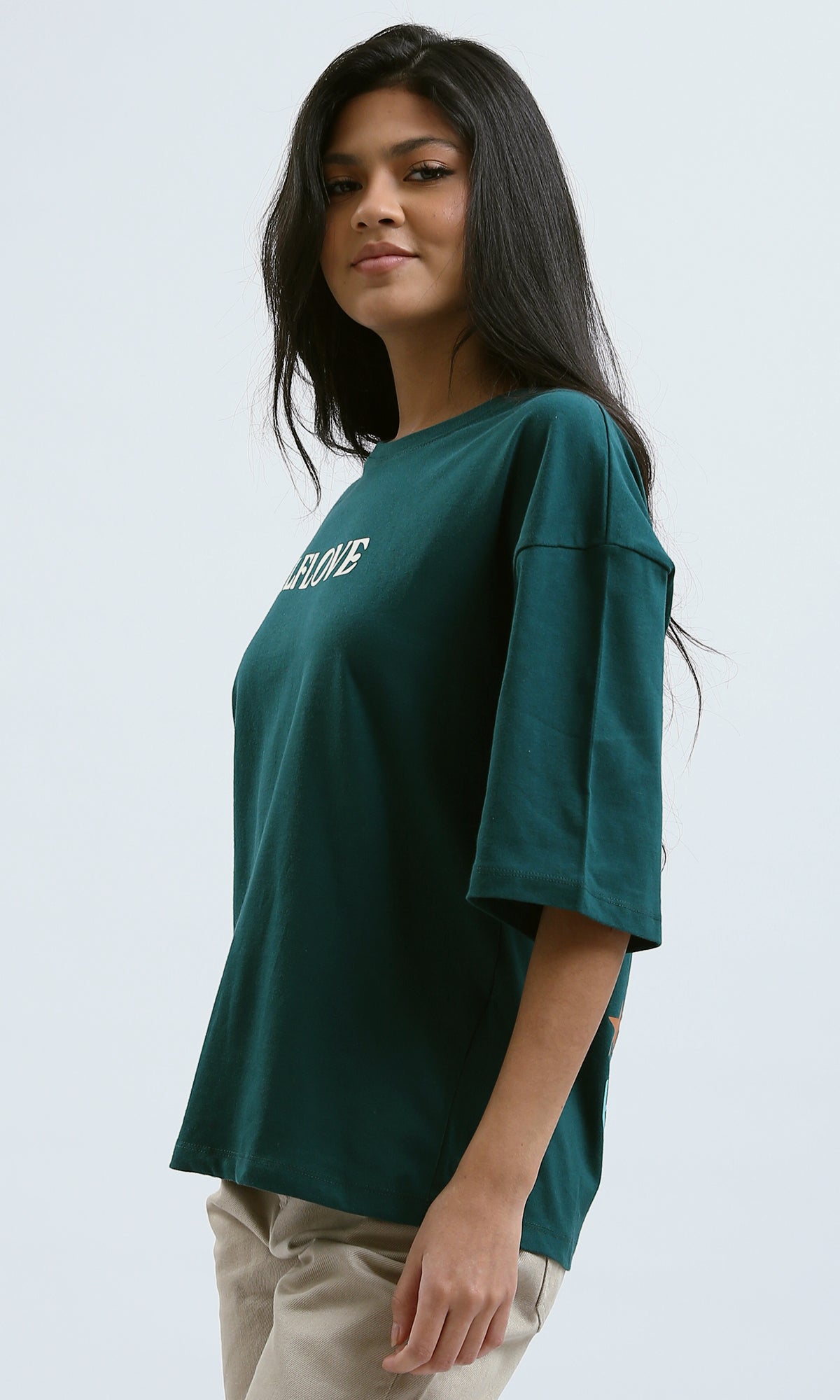 O189246 Relaxed Fit Printed "Self Love" Forest Green Tee