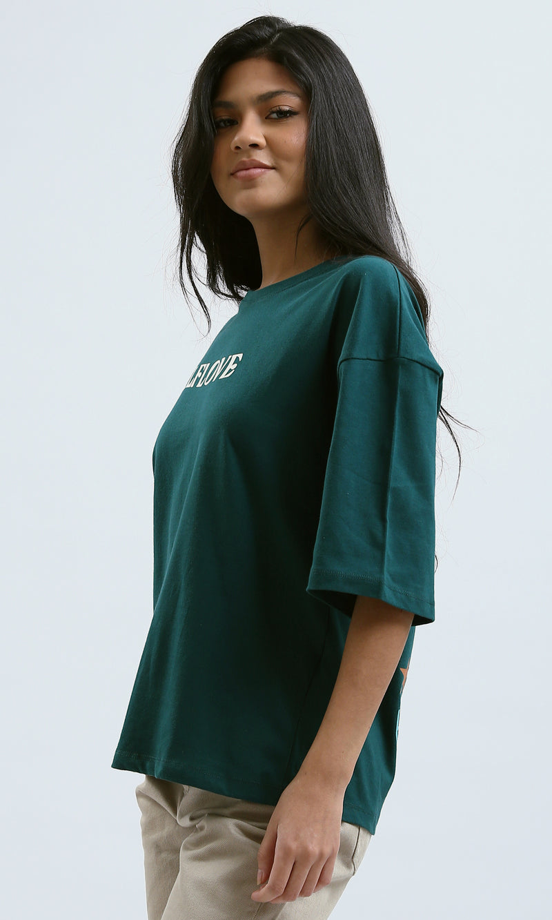 O189246 Relaxed Fit Printed "Self Love" Forest Green Tee