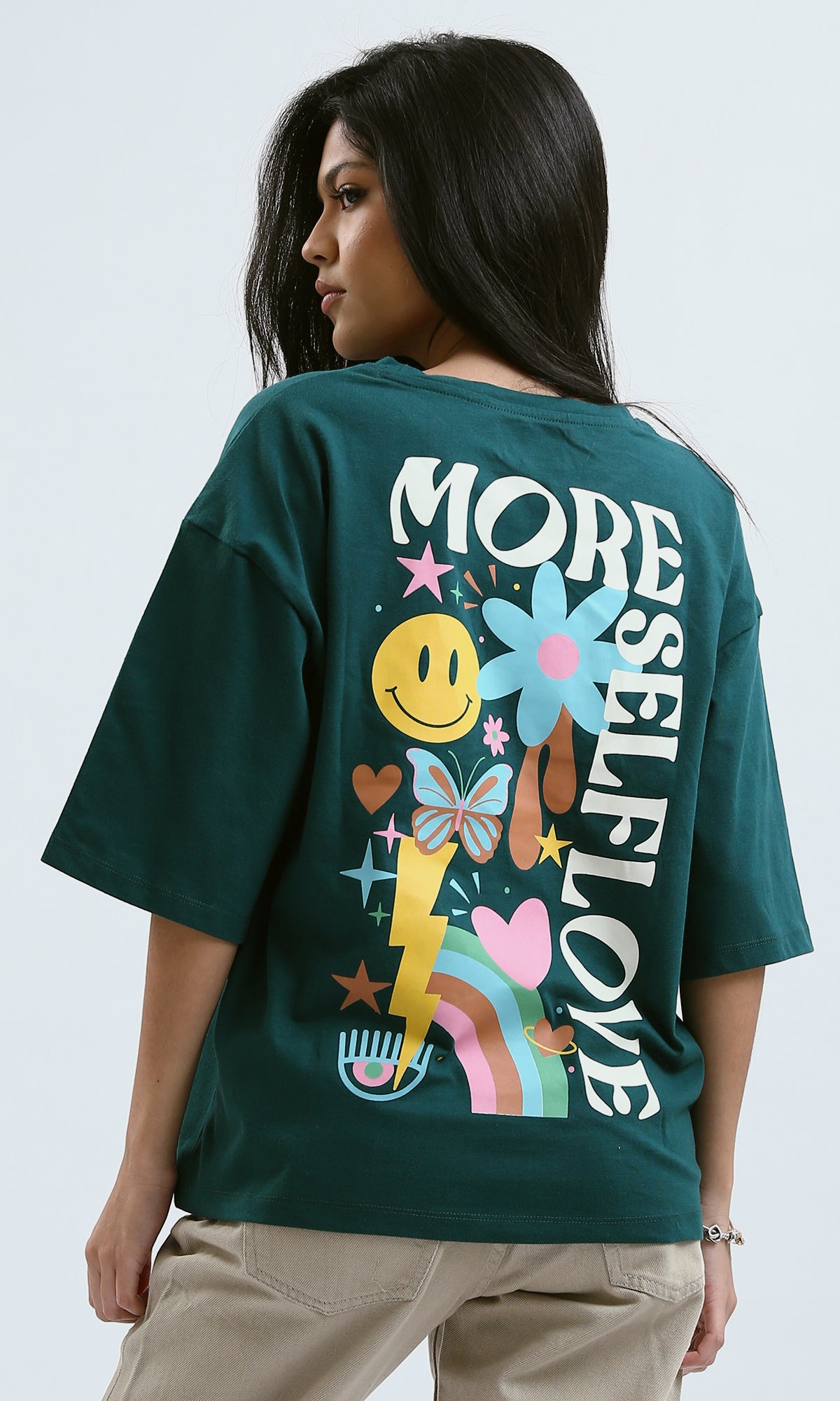 O189246 Relaxed Fit Printed "Self Love" Forest Green Tee