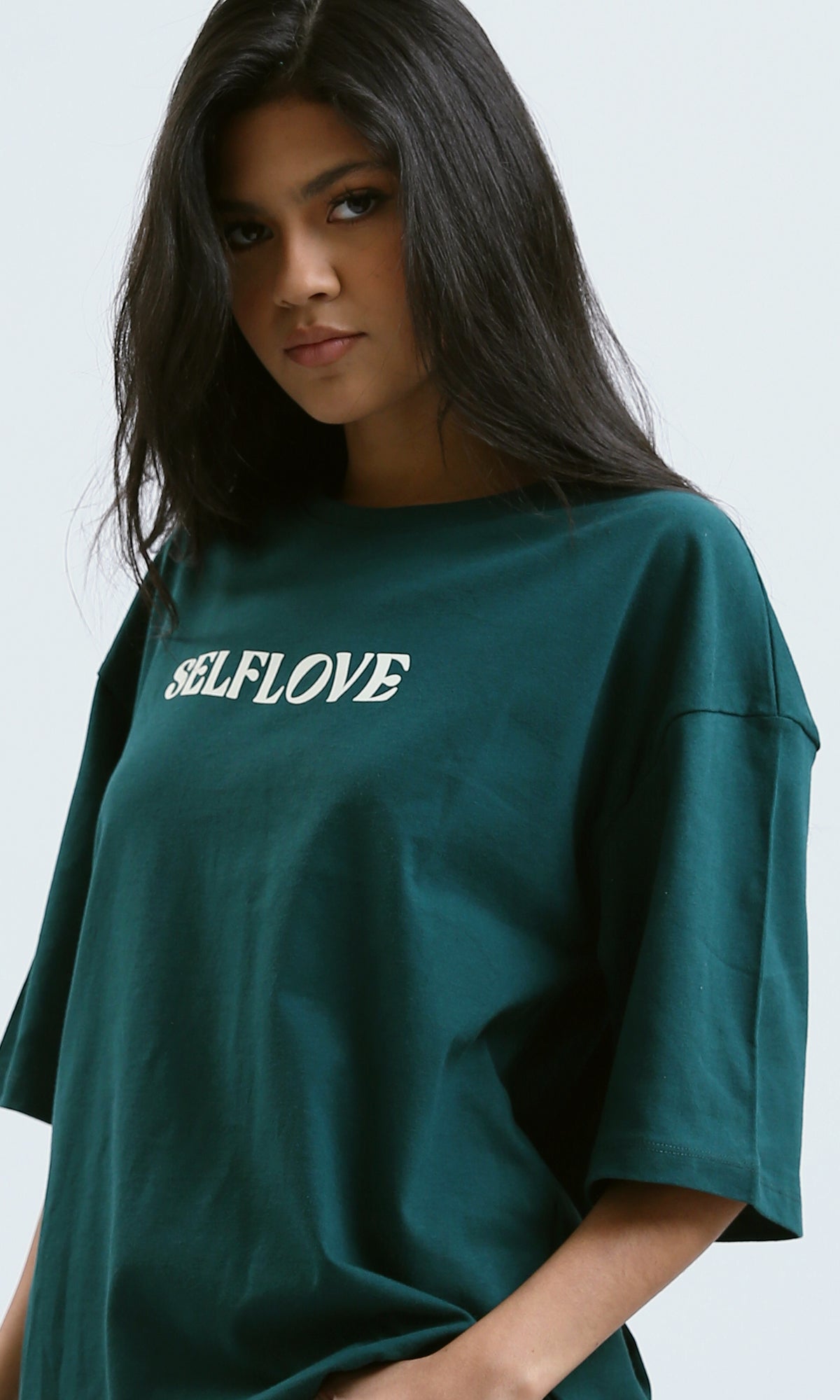 O189246 Relaxed Fit Printed "Self Love" Forest Green Tee