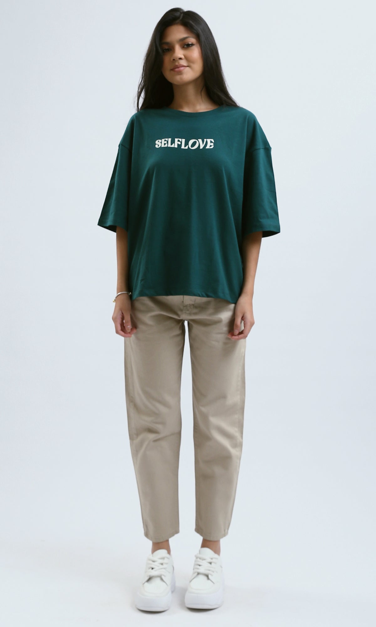O189246 Relaxed Fit Printed "Self Love" Forest Green Tee