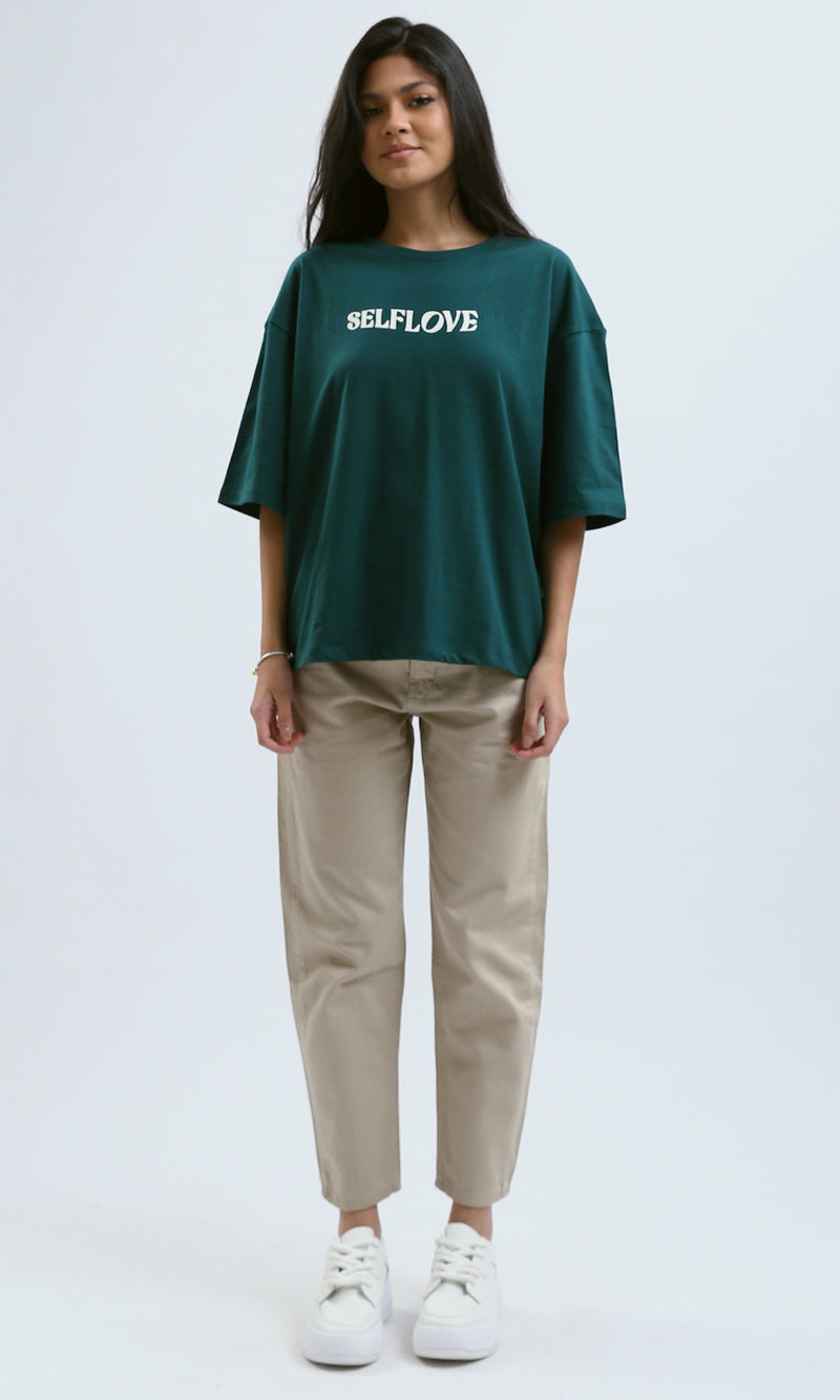 O189246 Relaxed Fit Printed "Self Love" Forest Green Tee