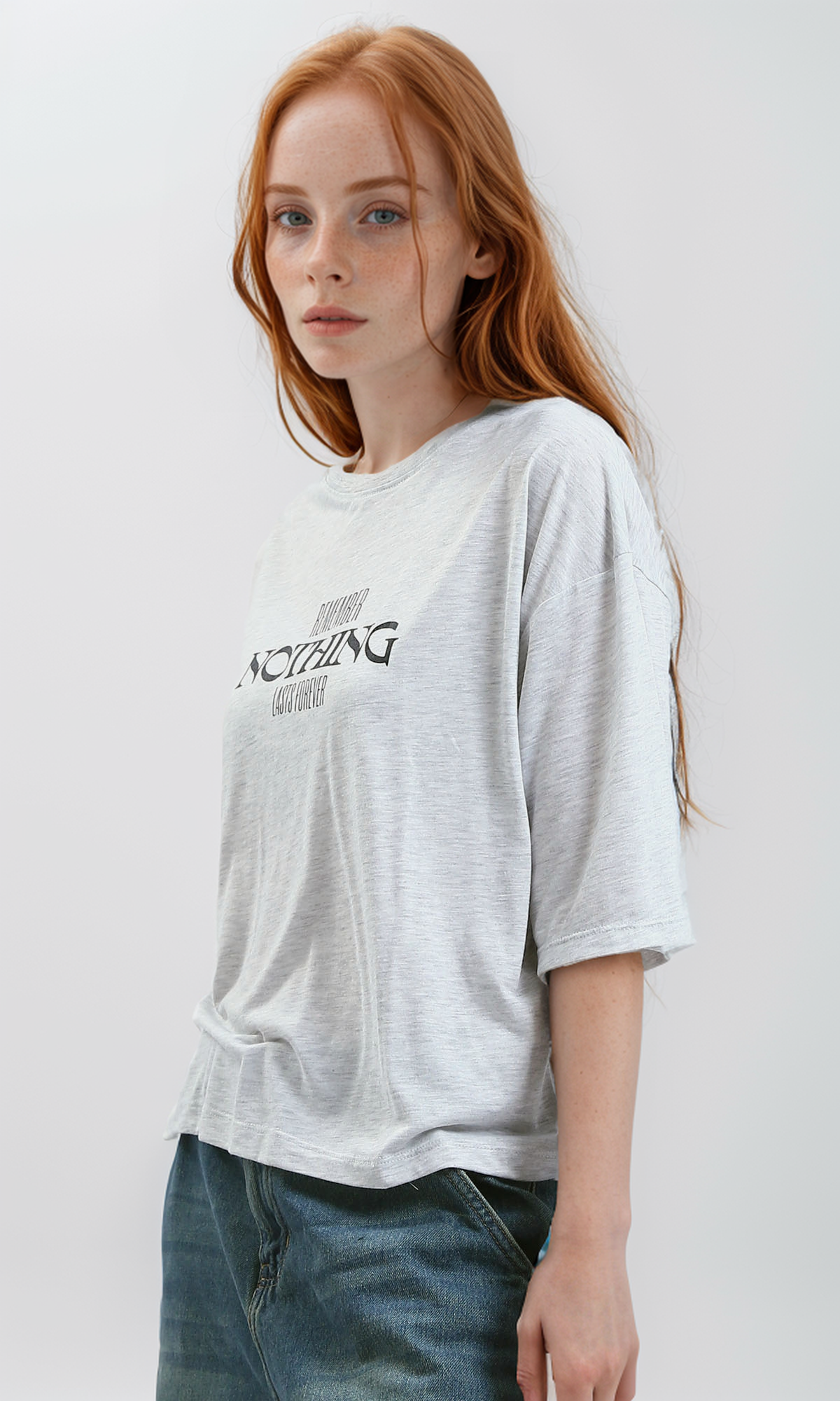 O189251 Light Grey Heather Printed Cotton Tee With Elbow-Sleeves