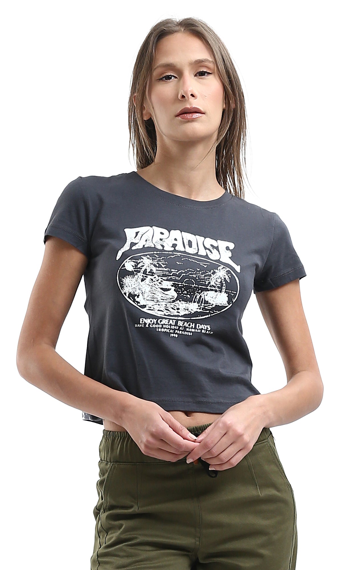 O189253 Slip On Relaxed Fit Printed ''Paradise Dark Grey Tee