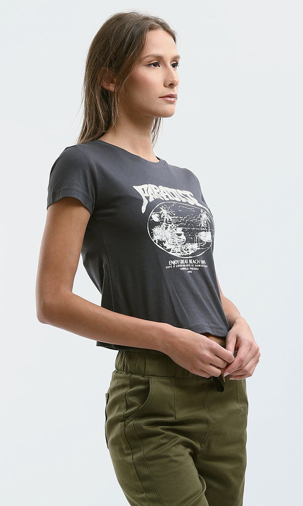 O189253 Slip On Relaxed Fit Printed ''Paradise Dark Grey Tee