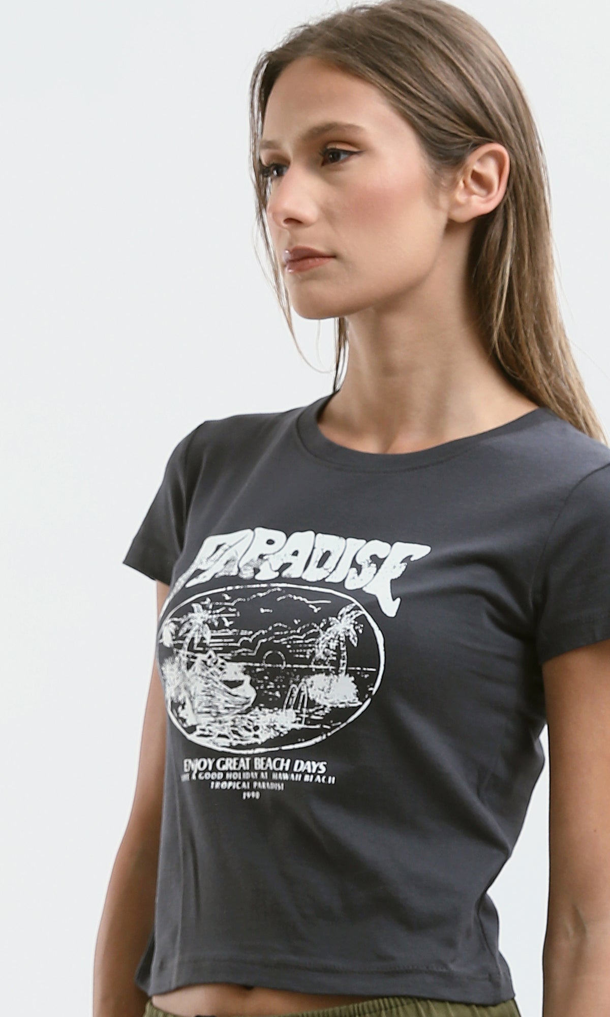 O189253 Slip On Relaxed Fit Printed ''Paradise Dark Grey Tee